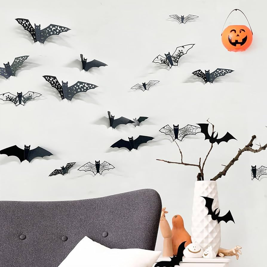 24Pcs Halloween Bats Decorations Hollow Out Bats Wall Decor 3D Self-Adhesive Halloween Party Supp... | Amazon (US)