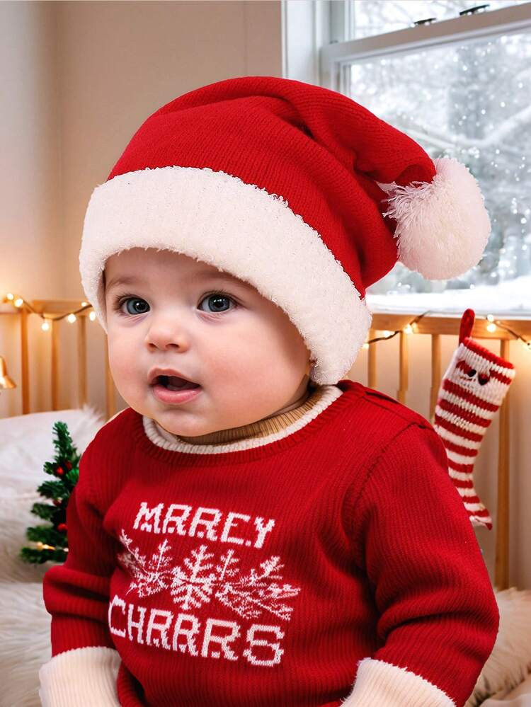 1pc Cute Pom Pom Decor Christmas Hat, Soft & Skin-Friendly Knitted Toddler Christmas Party Hat, 3... | SHEIN