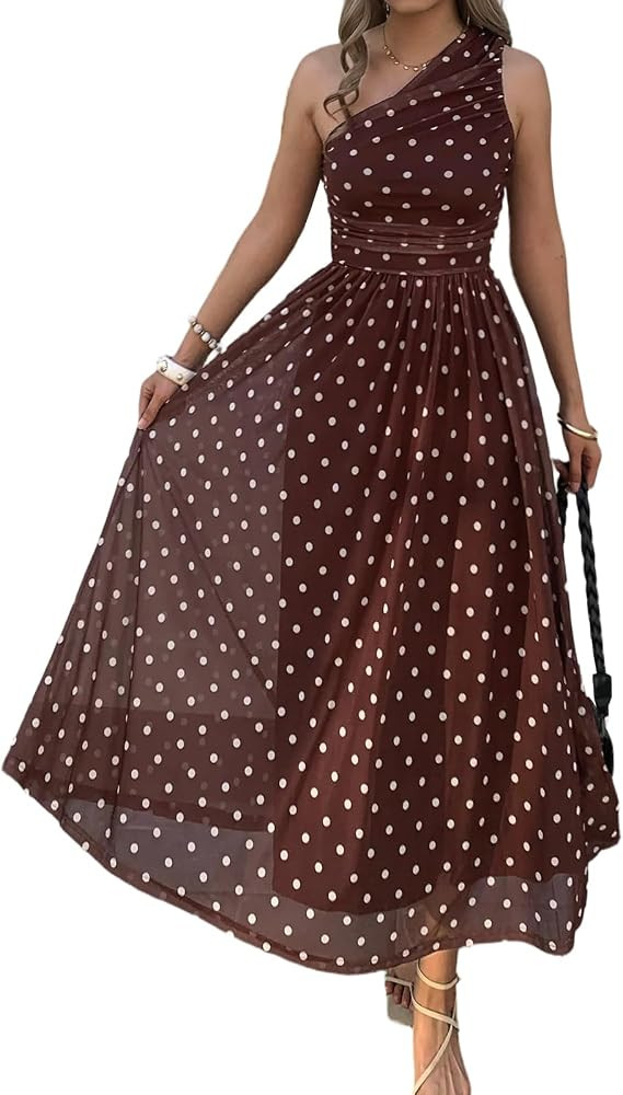 Women Summer One Shoulder Maxi Dress Sleeveless Ruched Mesh Long Beach Vacation Floral Sundresses... | Amazon (US)