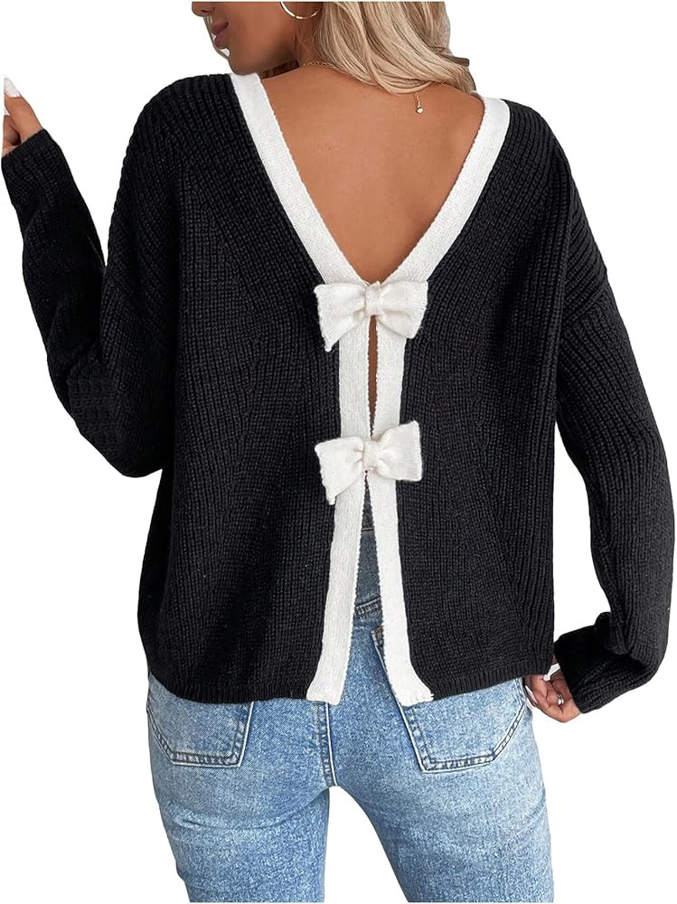 GORGLITTER Women's Bow Sweater Open Back Long Sleeve Knitted Colorblock Pullover Trendy Fall Fahi... | Amazon (US)