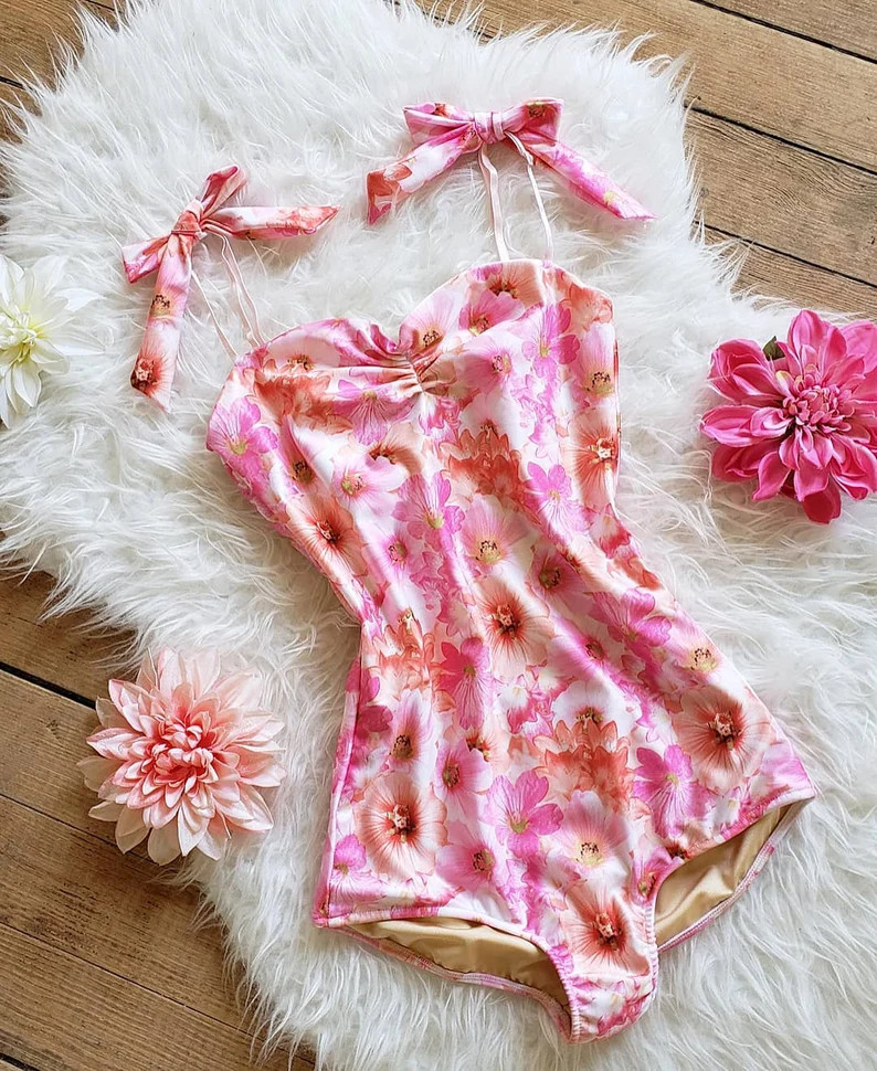 Women's retro Pink floral one piece swimsuit with removable bows | Etsy (US)