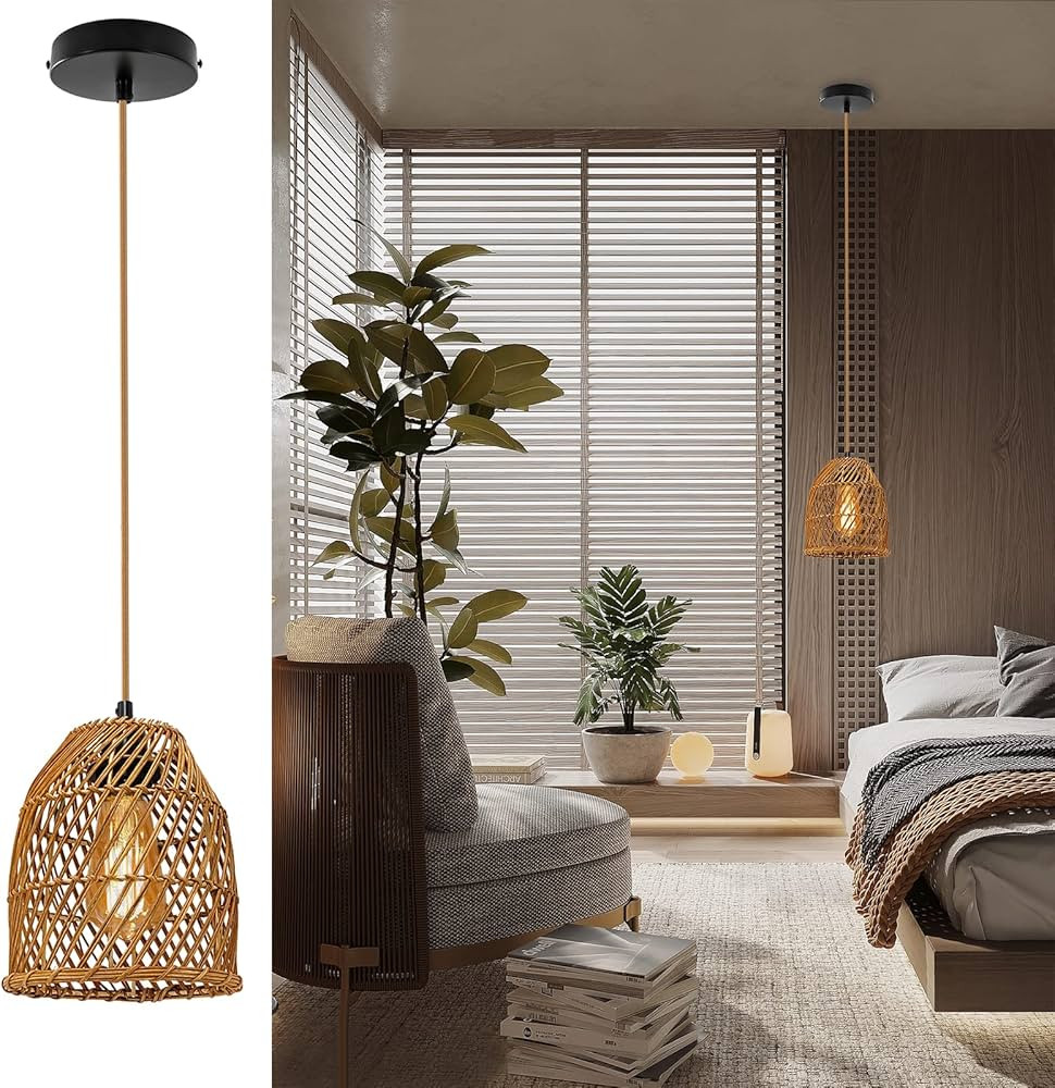 LMLAITE Hand-Woven Pendant Light Boho Rustic Rattan Cage Basket Hanging Lamp Farmhouse Retro Wick... | Amazon (US)