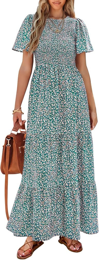 PRETTYGARDEN Womens Summer Dresses 2025 Flutter Sleeve Smocked Top Floral Maxi Dress Beach Vacati... | Amazon (US)