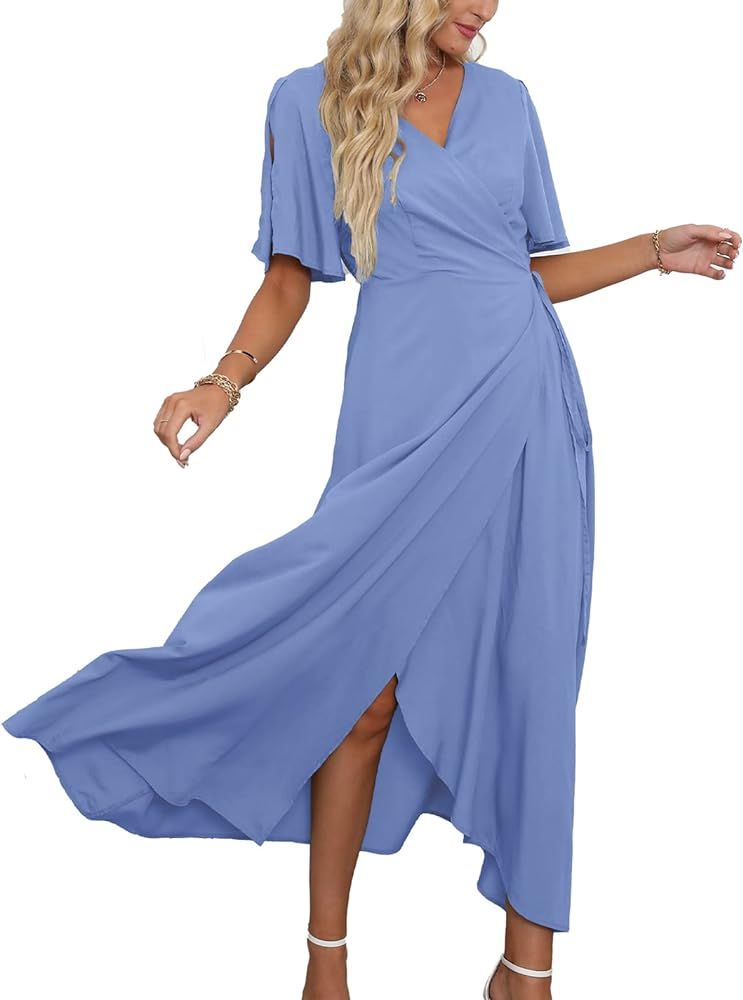 DEEP SELF Women Summer V Neck Short Sleeve Split Wrap Maxi Dress Waist Tie Casual Flowy Long Dress | Amazon (US)