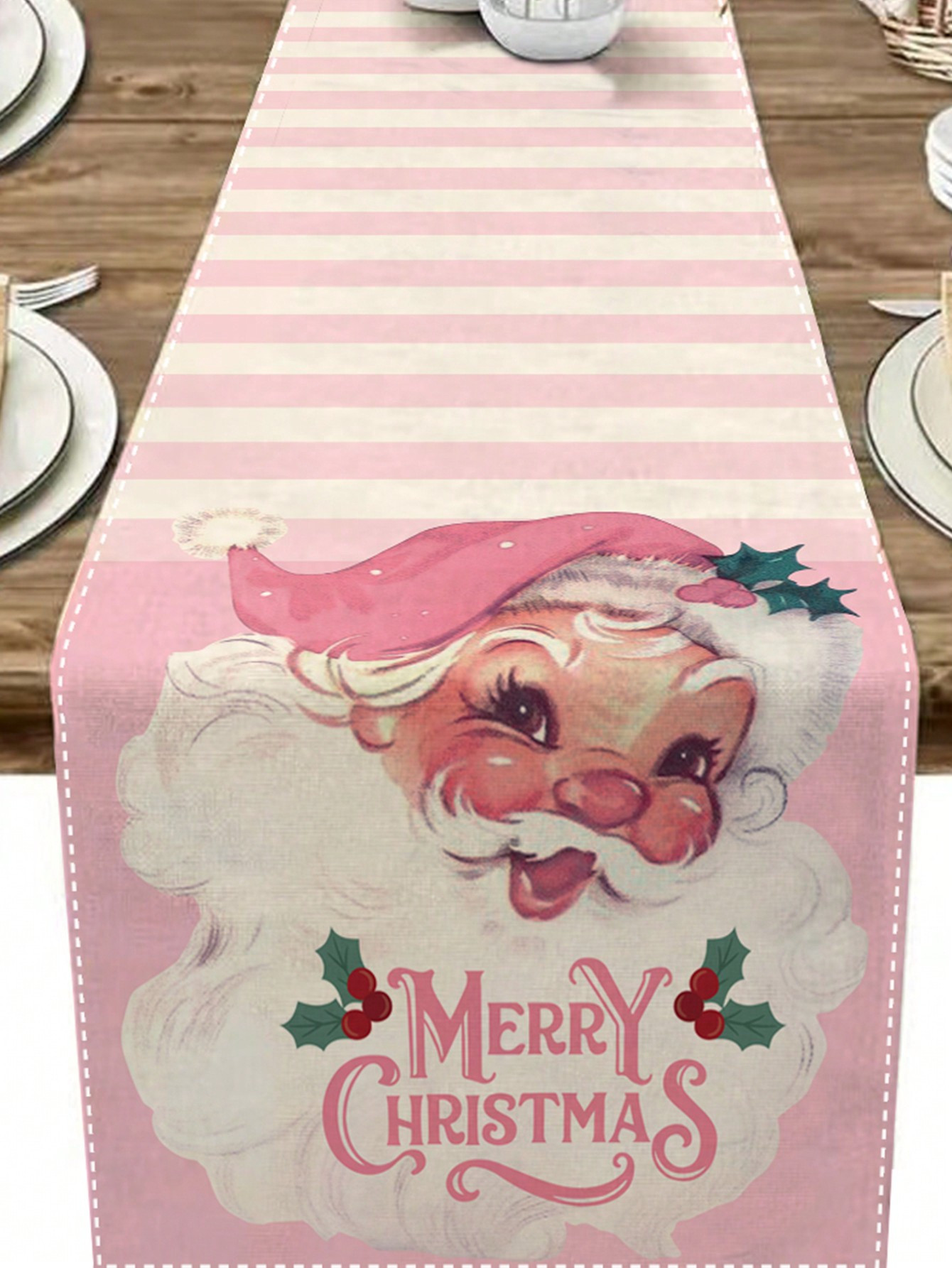 1pc Christmas Table Runner,   Pink Snowflakes  Santa Claus Snowflake Waterproof Stain Resistant S... | SHEIN