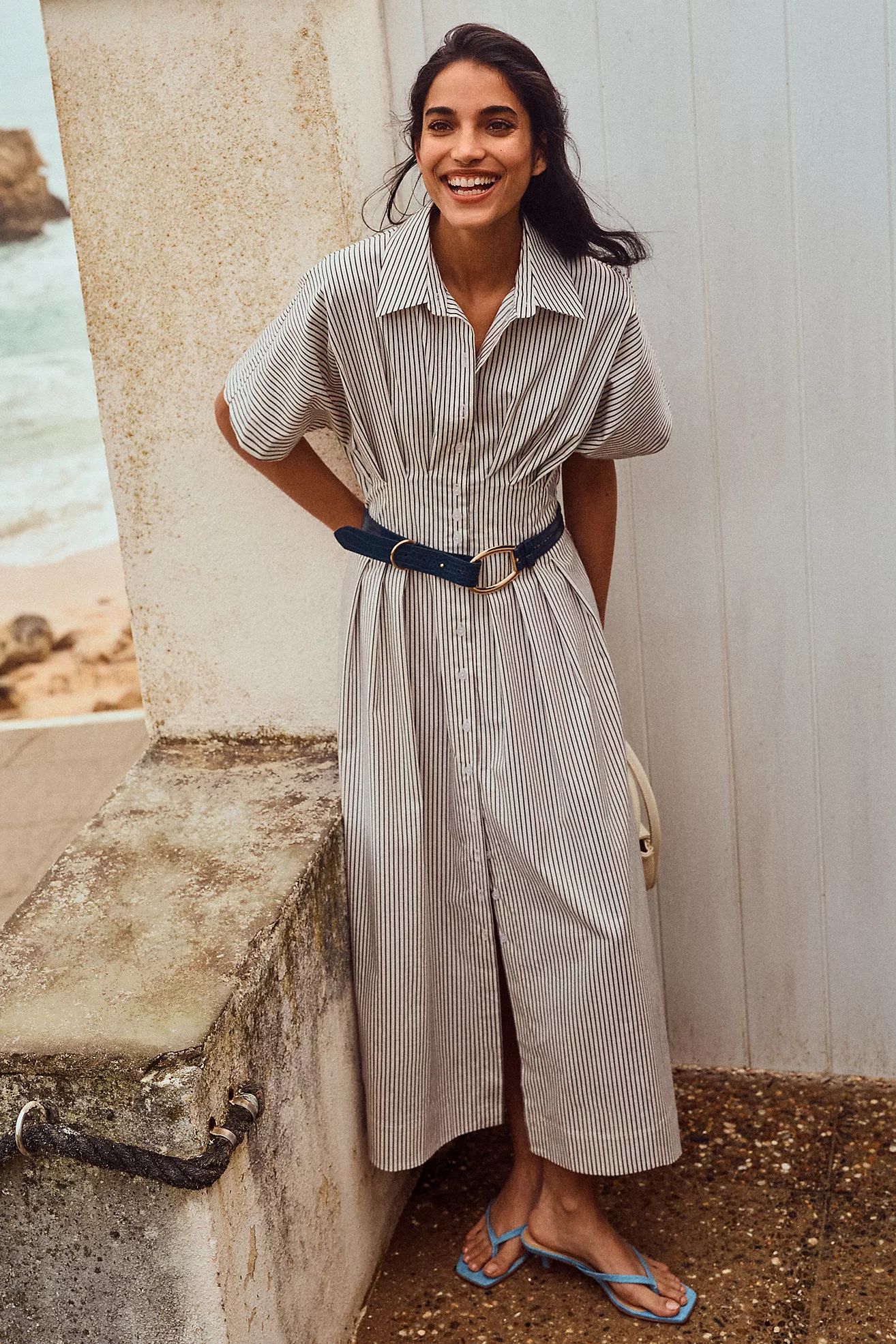 Exquise Tobie Button-Front Pleated Midi Shirt Dress | Anthropologie (US)