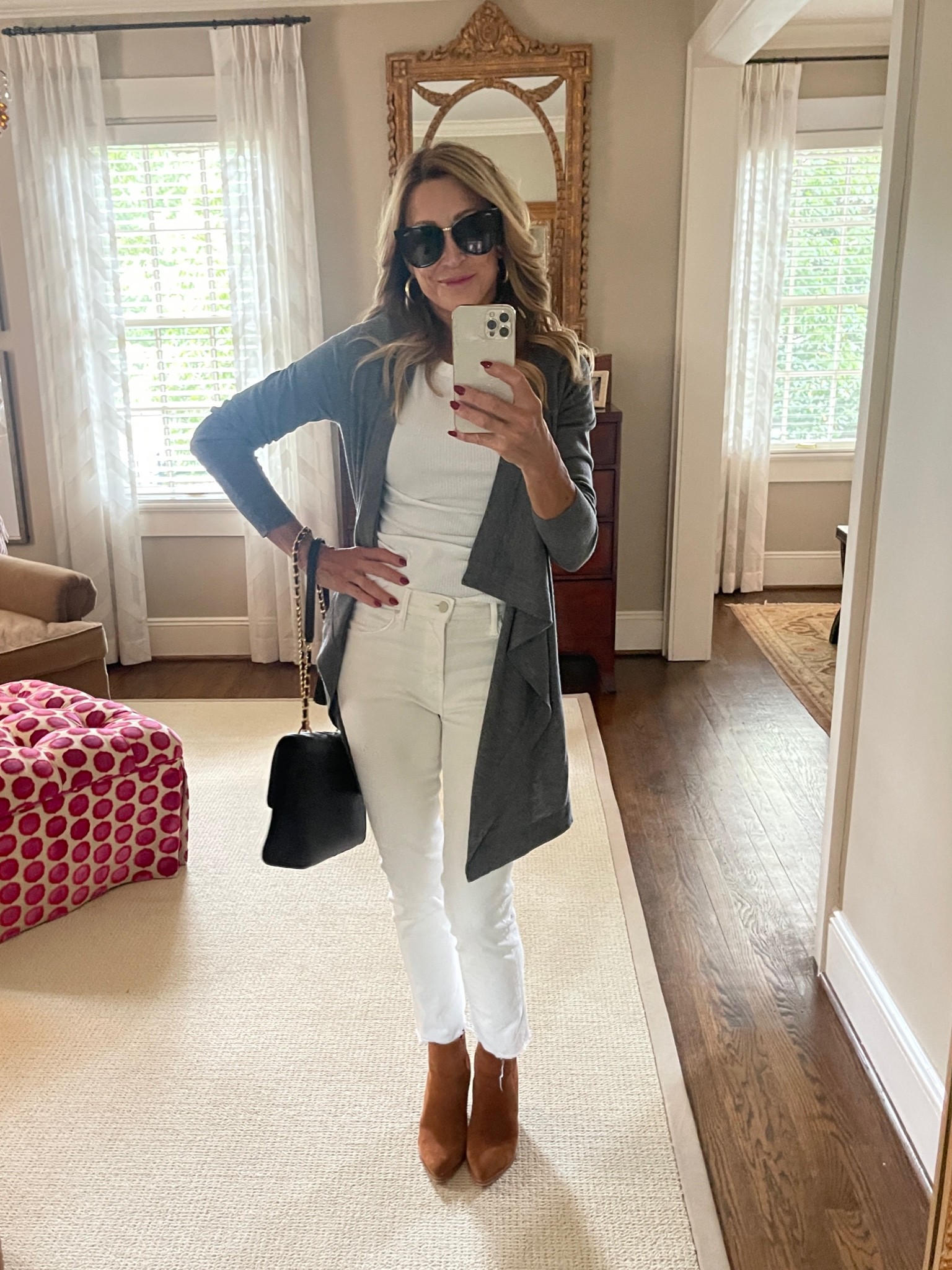 Summer to Fall Capsule Wardrobe Look - grey cardigan, off-white jeans, black handbag, white Crewneck tee, tan booties and black sunglasses

#LTKstyletip #LTKSeasonal #LTKshoecrush