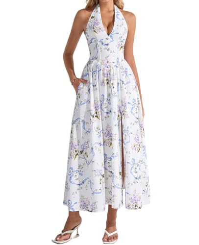 XinFSh Women's Summer Floral Halter Corset Wedding Guest Maxi Dress Flowy A Line Slit Long Tea Party Dresses with Pockets | Amazon (US)