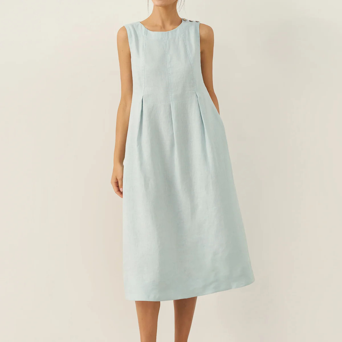 100% Linen Sleeveless Shoulder Button Midi Dress FREYA | LINTICO