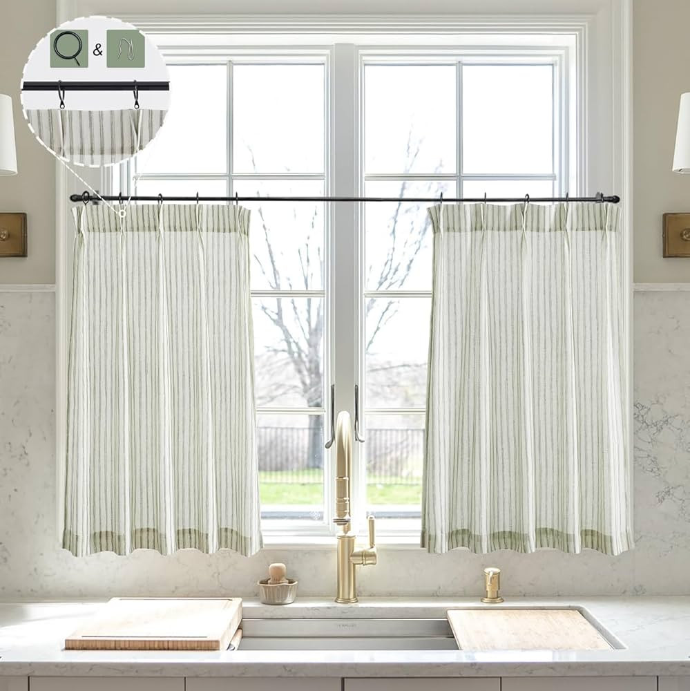 Sage Green Kitchen Curtains for Half Window,24 inch Length Striped Pinch Pleat Cafe Curtain,Bathr... | Amazon (US)