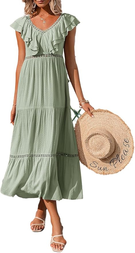 Narspeer Women's Beach Maxi Dress Summer Sleeveless Ruffle V Neck Midi Dress Floral Print Sexy Ba... | Amazon (US)