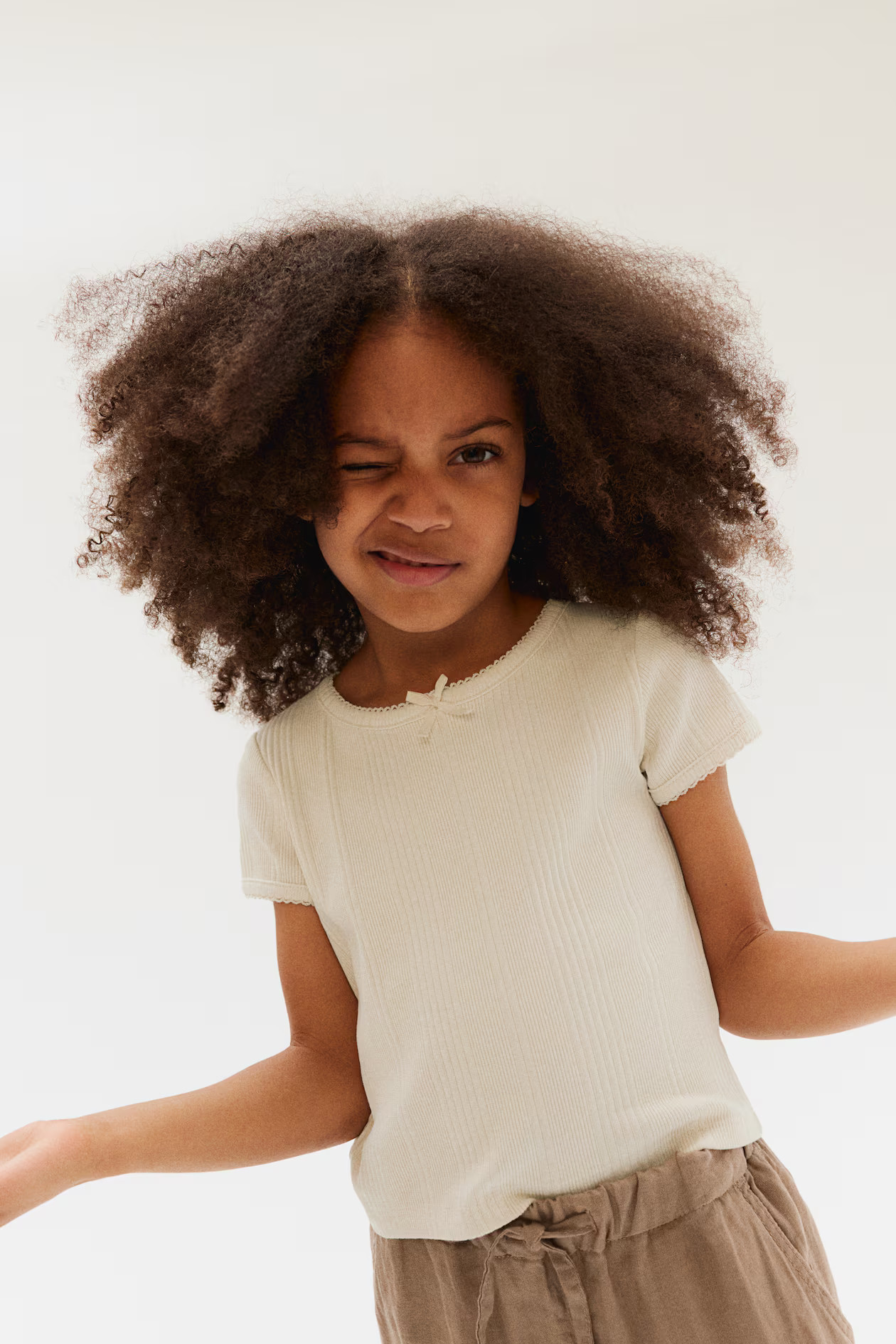 Ribbed Cotton Jersey Top - Round Neck - Short sleeve - Cream - Kids | H&M US | H&M (US + CA)