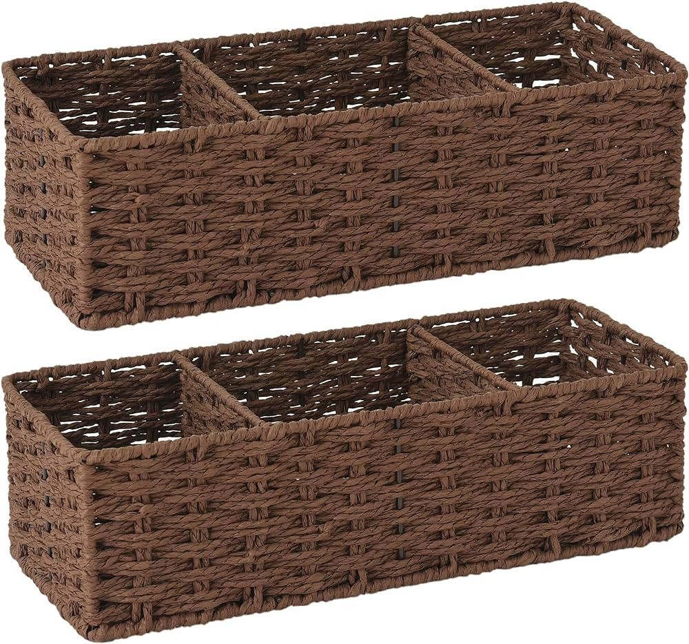 StorageWorks 3-Section Wicker Baskets for Shelves, Hand-Woven Round Paper Rope Storage Baskets, W... | Amazon (US)