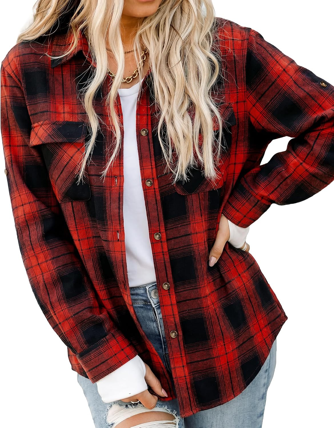 siliteelon Flannel Shirt Women Plaid Button Down Long Sleeve Blouse Fall | Amazon (US)