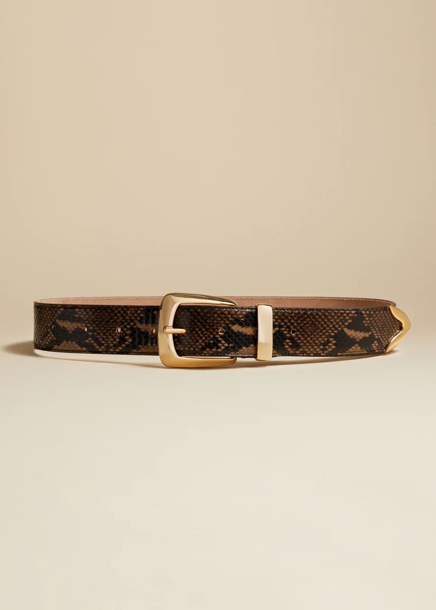 The Bruno Belt in Brown Python-Embossed Leather with Gold | Khaite