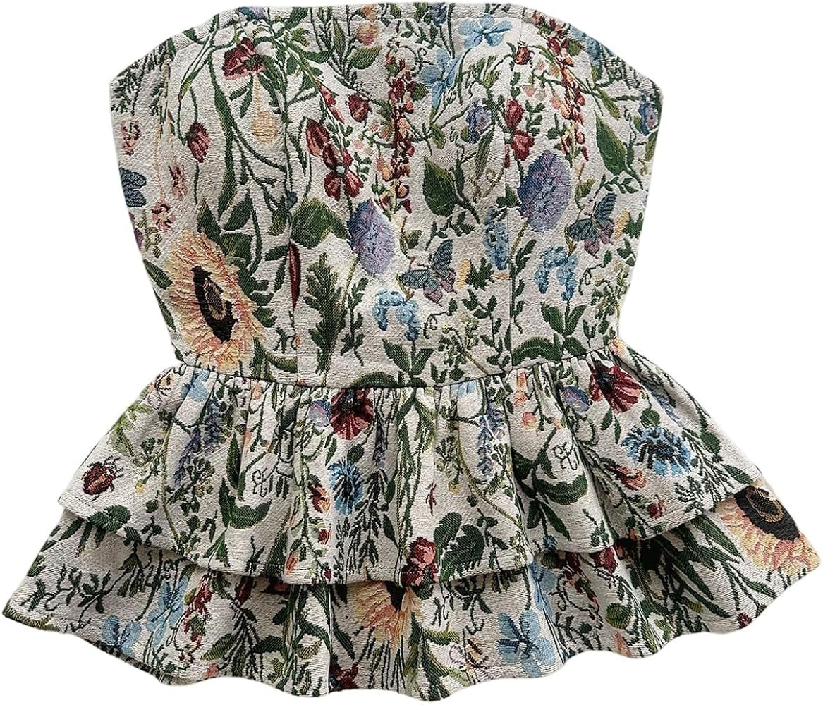 SOLY HUX Women's Floral Print Tie Backless Tube Top Layered Ruffle Strapless Vacation Tops | Amazon (US)