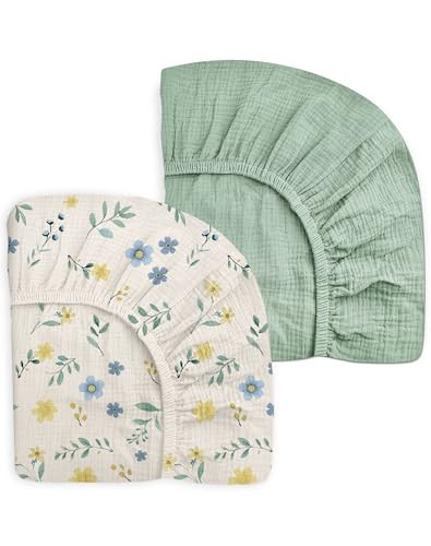 Mini Crib Sheets for Baby Boy Girl 2 Pack, Neutral Mini Crib Mattress Sheet 24" x 38", Muslin Nursery Bedding Soft and Breathable Comfort (Spring Garden & Sage) | Amazon (US)