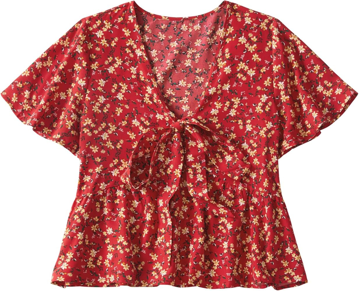 LYANER Women's Summer Floral Print V Neck Tie Front Blouse Sexy Ruffle Hem Short Sleeve Peplum To... | Amazon (US)