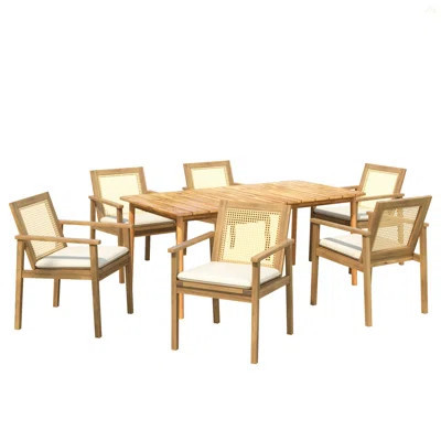 Preston Outdoor Patio 7Pcs Dining Set, 6Pcs Acacia Wood Dining Chair With Beige Cushion, 1Pc Acacia Wood Dining Table | Wayfair North America