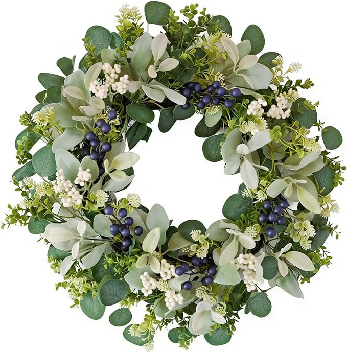 22 Inch Wreaths for Front Door， Green Spring Summer Wreath with Faux Lamb's Ear Eucalyptus Leav... | Amazon (US)