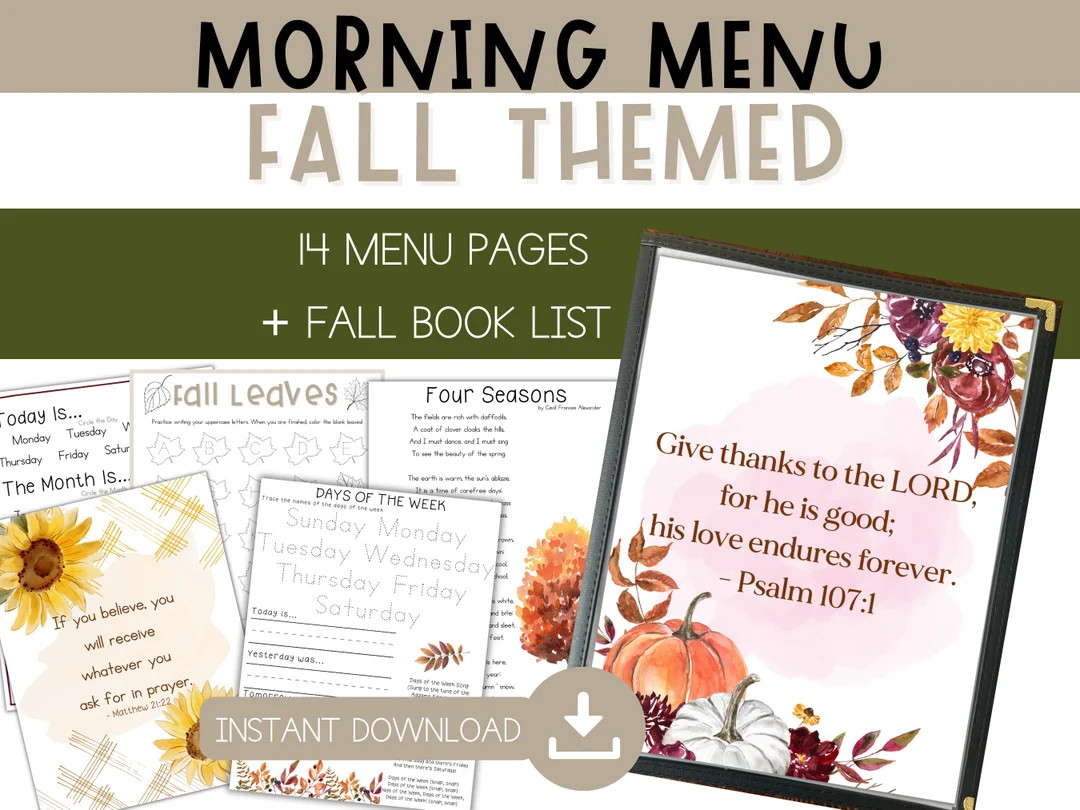 Fall Morning Menu Bundle - Homeschool Morning Menu Fall Themed Printables - Bible Verse for Fall ... | Etsy (US)