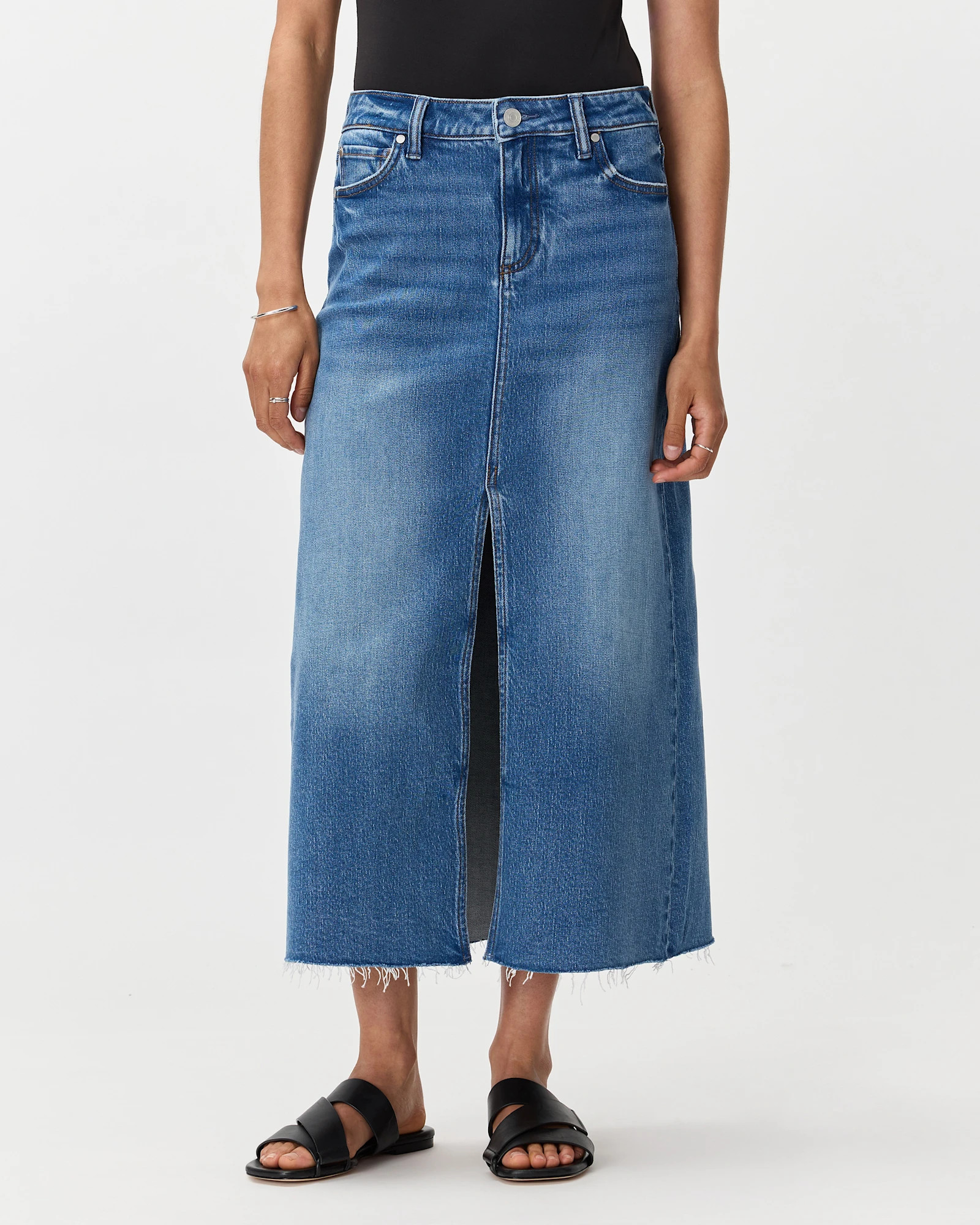 Quince | Women's Stretch Denim 5-Pocket Midi Skirt in Cool Blue, Size 26, Organic Cotton | Quince