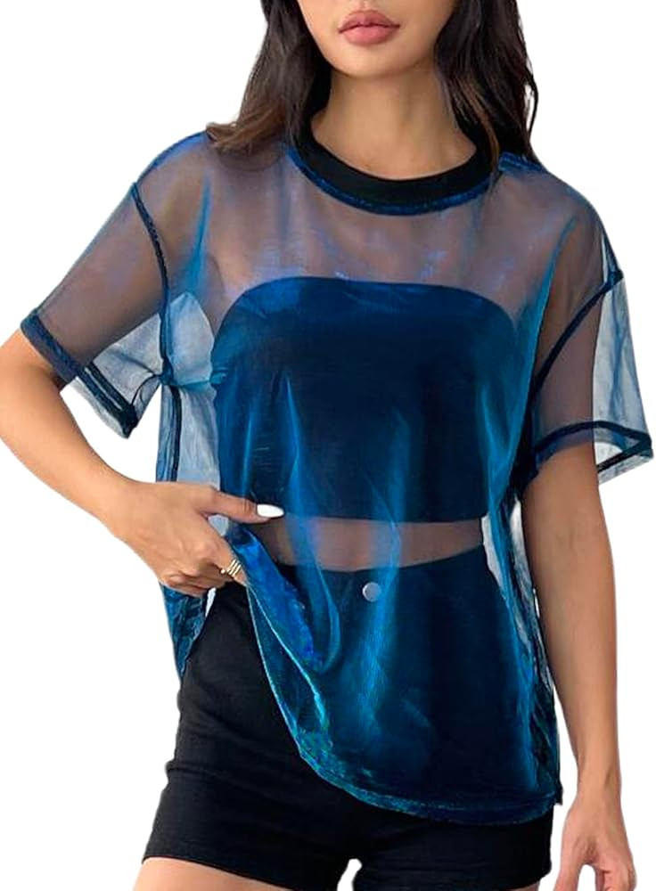 OYOANGLE Women's See Through Top Metallic Mesh Sheer Short Sleeve Rave T-Shirt | Amazon (US)