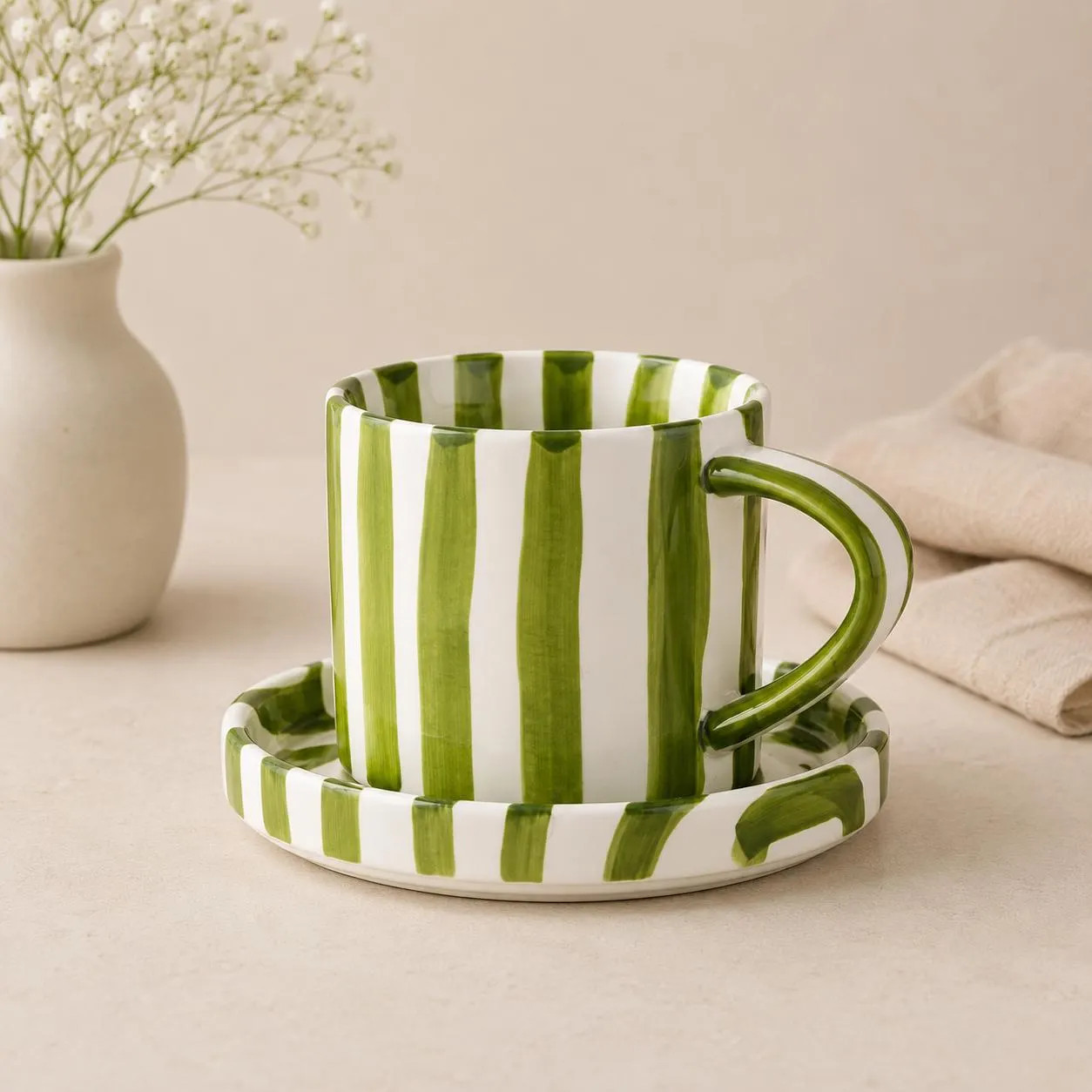 Green Striped Ceramic Coffee Mug with Saucer, Modern Tea Cup Set, Cottage Style Drinkware, New Home Gift, Coffee Lover Gift 2-180 | Etsy (Global)
