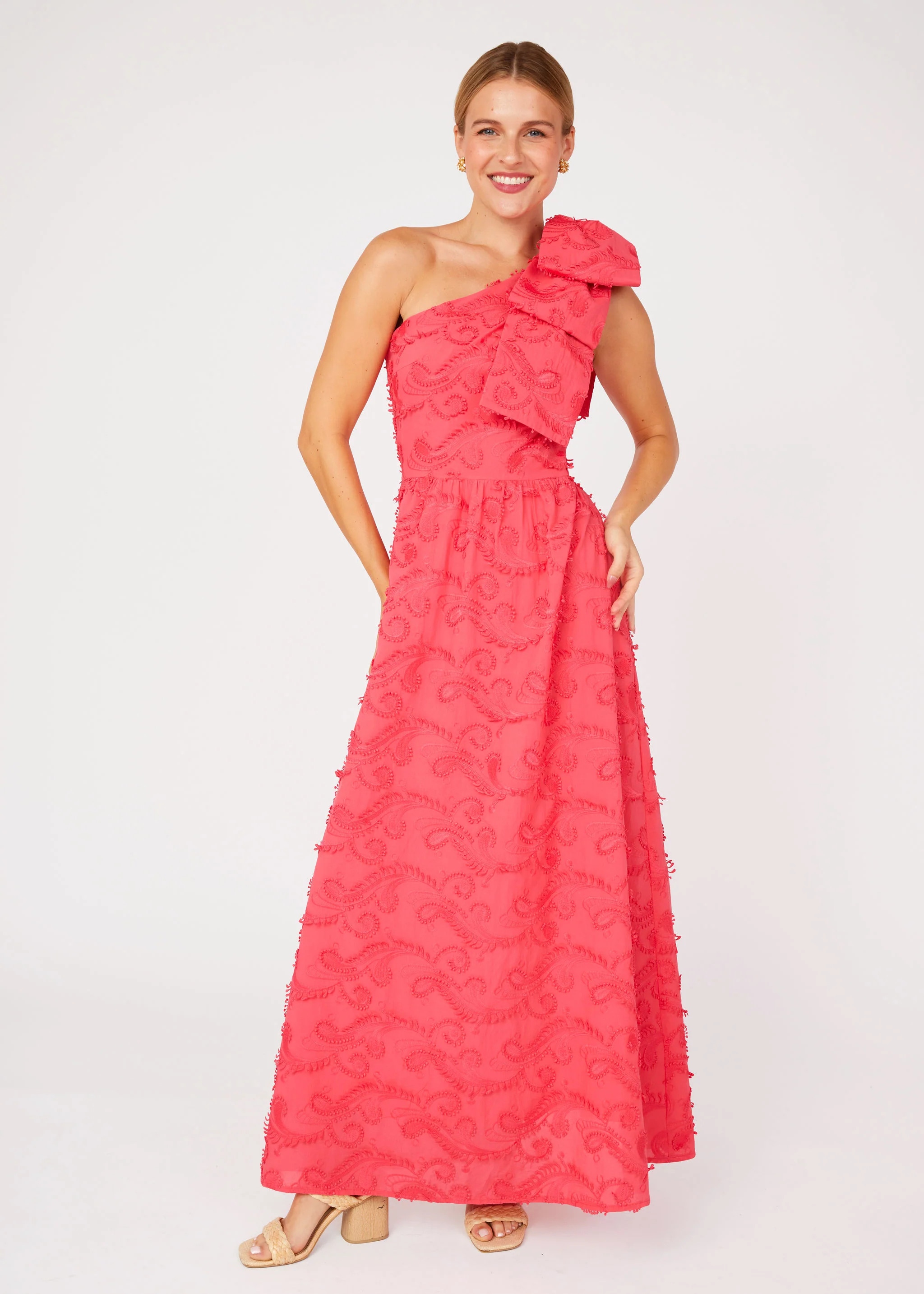 Caroline Gown Hot Coral 3D Paisley Cotton | Abbey Glass