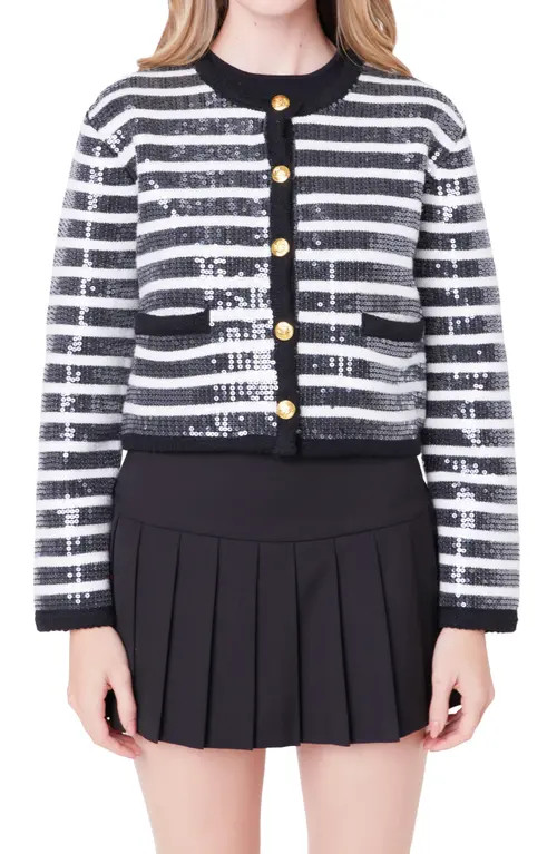 English Factory Sequin Stripe Cardigan in Black/Ivory at Nordstrom, Size Medium | Nordstrom