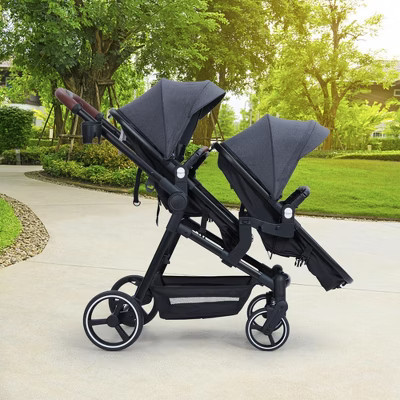 Foldable double stroller for newborns and toddlers with a reversible seat, five-point safety harness, adjustable backrest, and canopy storage basket | Target