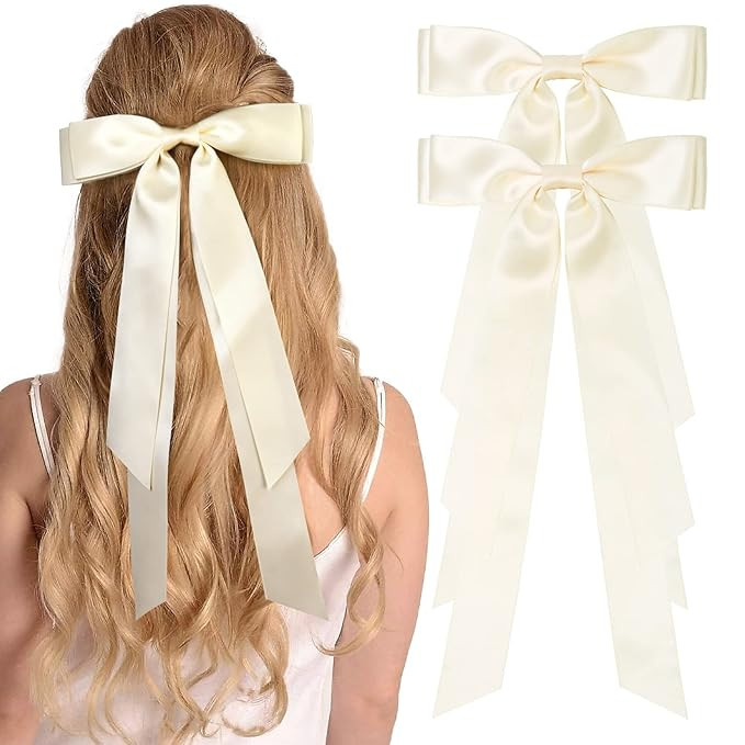 Large Satin Hair Bows Hair Ribbons for Women CEELGON 2PCS Big Long Ivory Ballet Style Hair Bows F... | Amazon (US)
