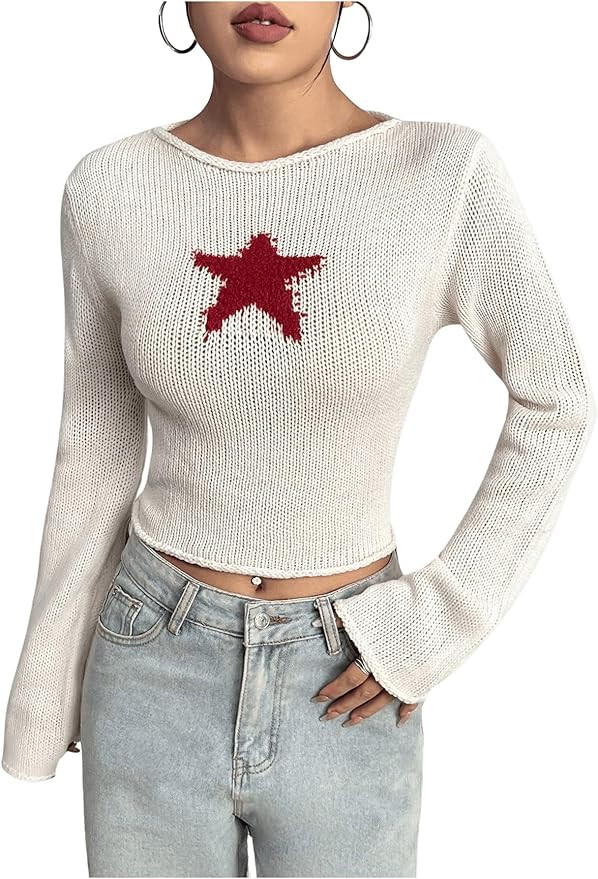 Women's Star Print Sweater Long Sleeve Crew Neck Drop Shoulder Slim Fit Pullover Crop Tops | Amazon (US)
