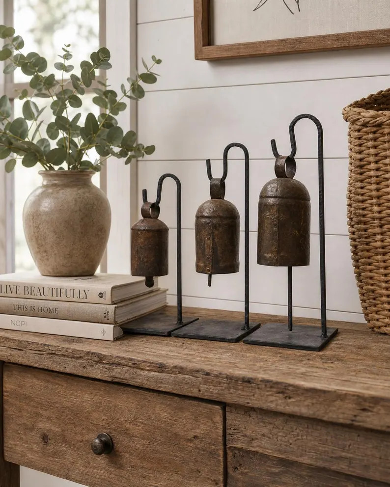 Set of 3 Vintage Metal Bells on Iron Stands | Rustic Farmhouse Mantel D\u00e9cor | Etsy (Global)