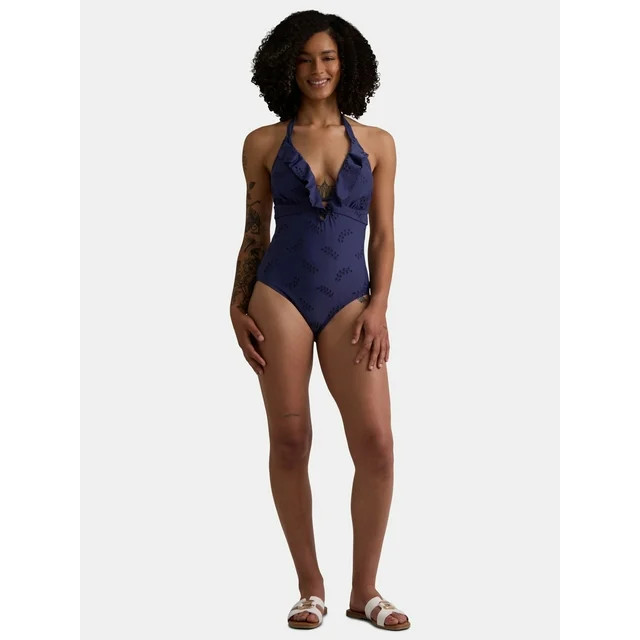 Time and Tru Women’s and Women’s Plus Eyelet Embroidered Ruffle One Piece Swimsuit, Sizes XS-... | Walmart (US)