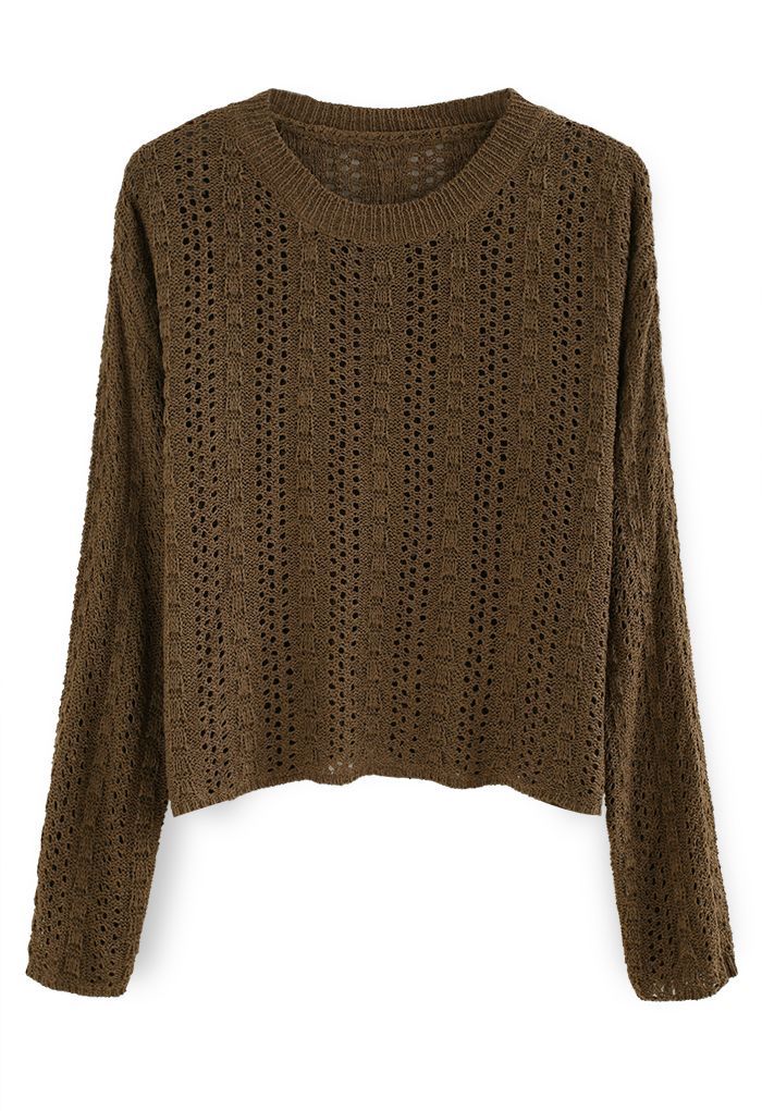 Hollow Out Dots Slouchy Knit Top in Brown | Chicwish