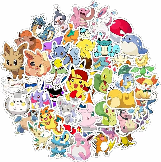 50 Cute Character Pokémon Stickers, Cartoon Vinyl Stickers Detachable, Reusable Stickers, Water ... | Amazon (US)