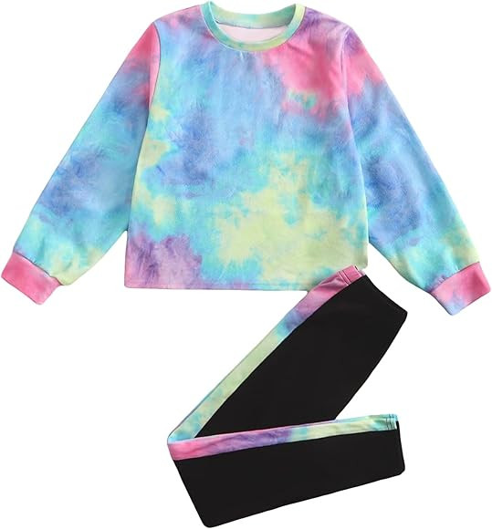COZYEASE Girls' Two Piece Outfits Tie Dye Long Sleeve Top and Contrast Side Seam Leggings Set | Amazon (US)