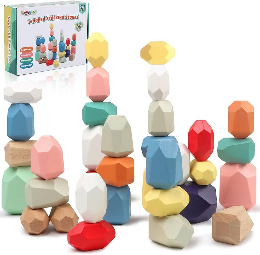 FUNNYB&G 36 PCS Stacking Rocks Montessori Toys for 1+ Year Old Girls Boys Wooden Building Blocks ... | Amazon (US)
