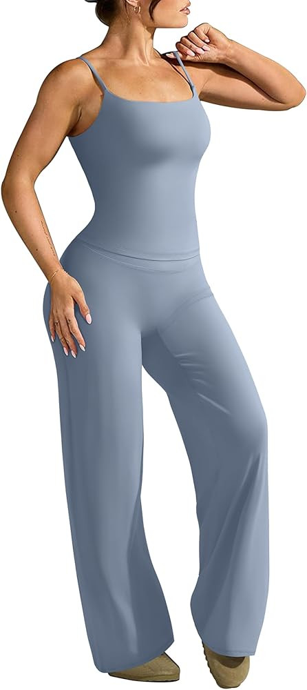 OMKAGI Workout Sets for Women Padded Tank Tops Matching Straight Leg Yoga Outfits | Amazon (US)