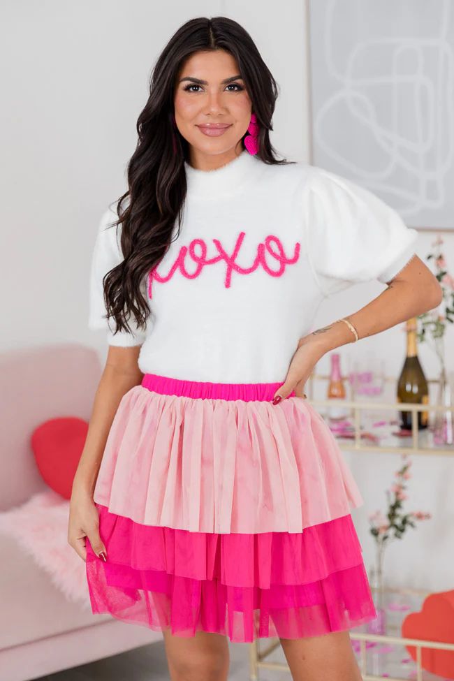Hugs and Kisses Pink and Ivory XOXO Short Sleeve Sweater | Pink Lily