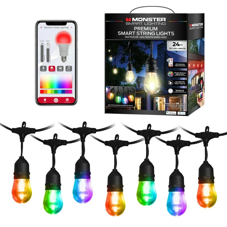Monster Smart String Lights 24 ft, 12 LED Lights, App & Voice Control, RGB+IC Flow, Sound Reactiv... | Walmart (US)