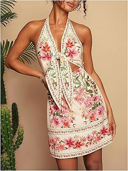 RoseSeek Women's Tropical Floral Backless Halter Dresses Cut Out Knot Front Sleeveless Vacation S... | Amazon (US)