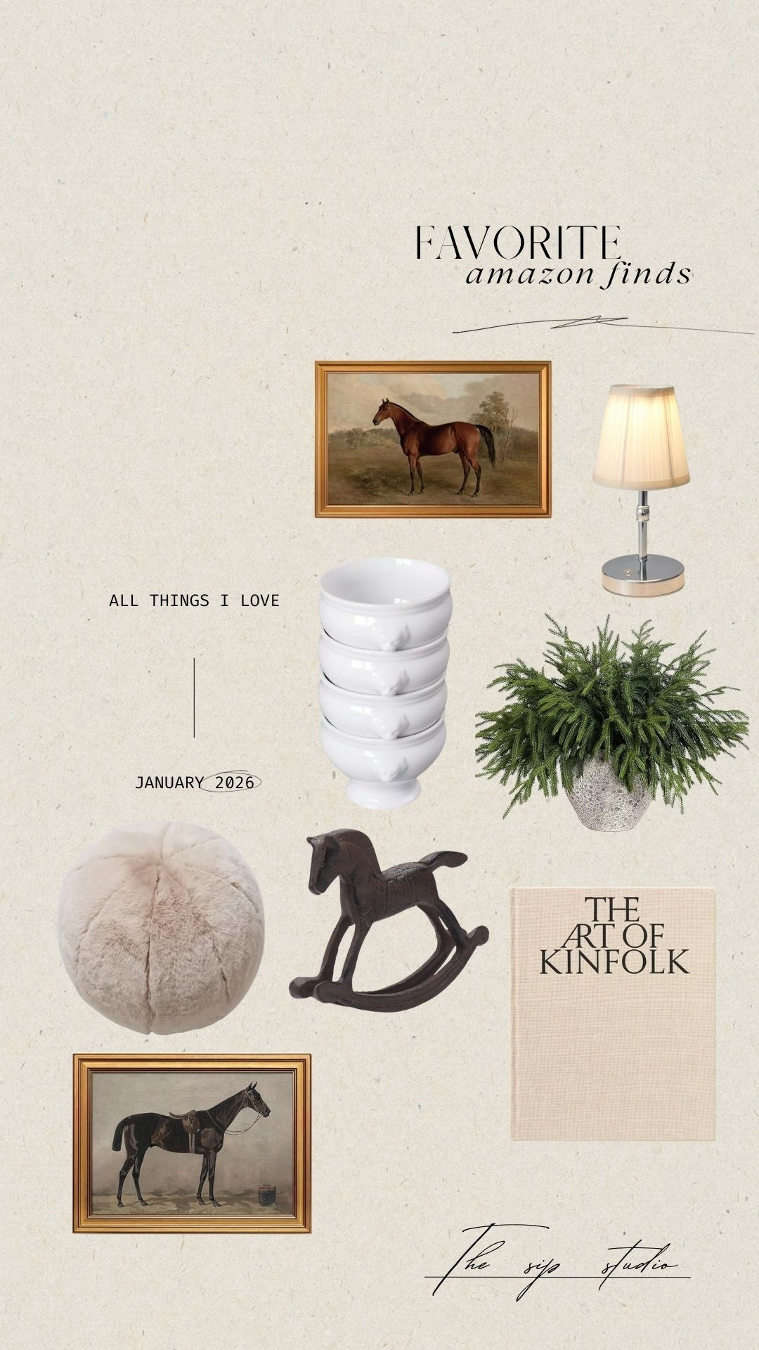 Favorite recent Amazon finds 
Horse artwork mini tap lamp Norfolk stems 
Rocking horse figure coffee table book fluffy ball pillow lion head soup bowls 

#LTKHome #LTKSeasonal #LTKFindsUnder100