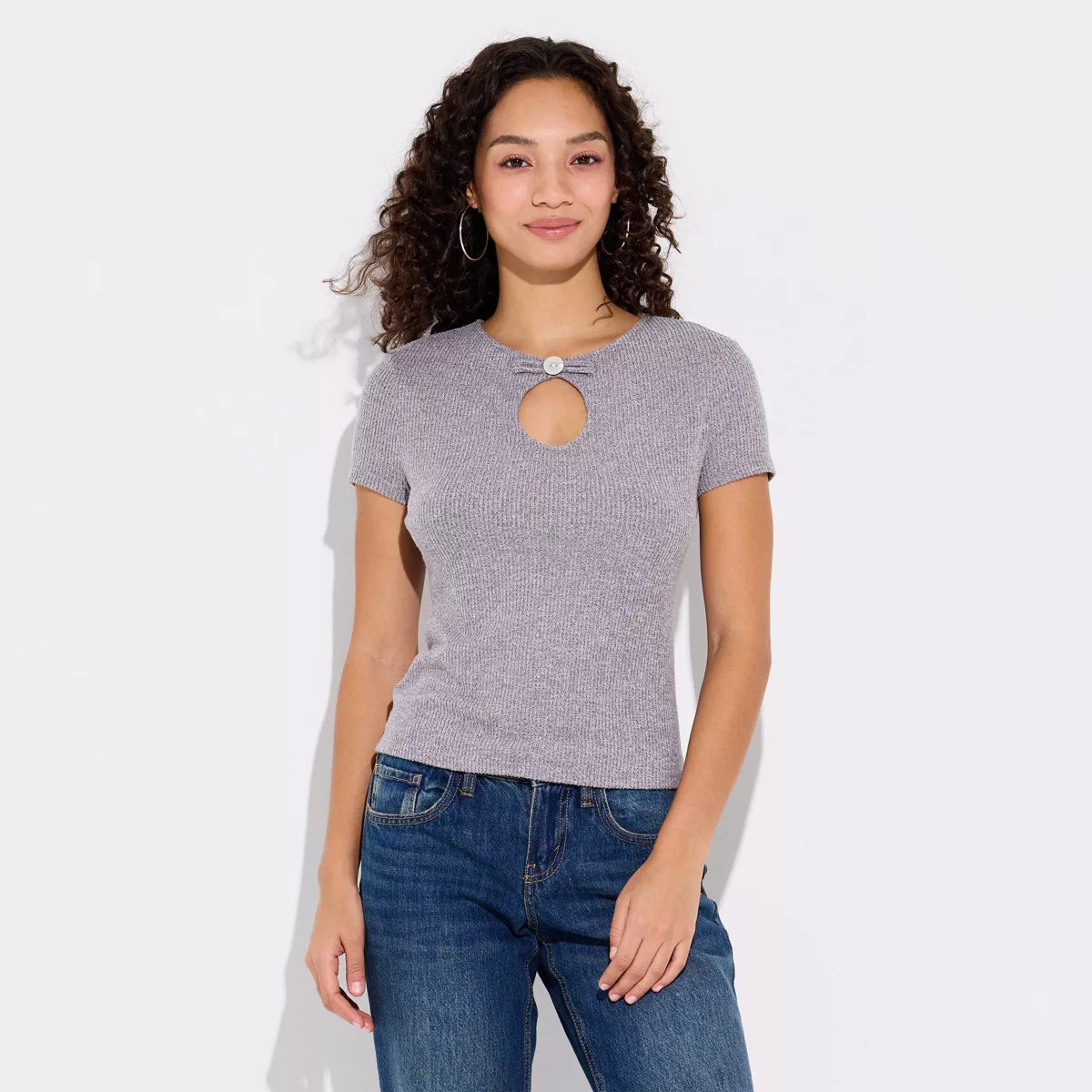 Women's Short Sleeve Button Keyhole Rib-Knit T-Shirt - Wild Fable\u2122 Gray XXL | Target