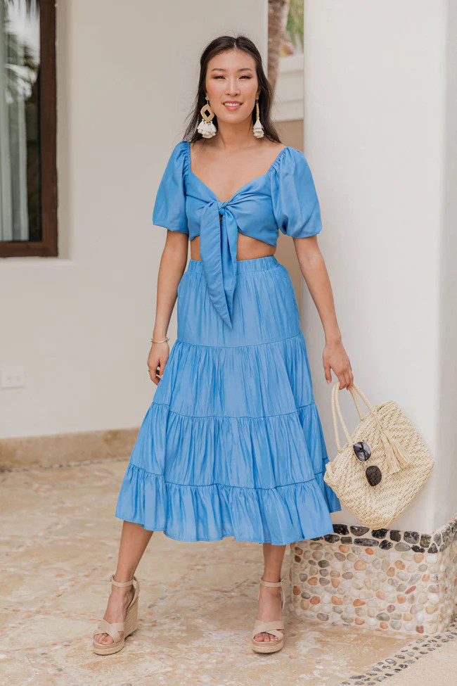 Cherished Songs Blue Tiered Midi Skirt | Pink Lily