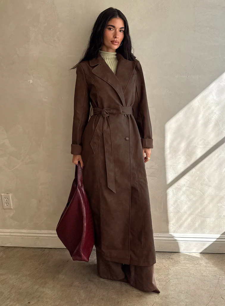 Salazar Longline Belted Trench Coat Chocolate Brown | Princess Polly US