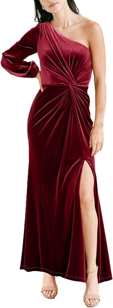 Simplee Women's One Shoulder Long Sleeve Velvet Dress Fall Wedding Guest Long Dresses Semi Formal... | Amazon (US)