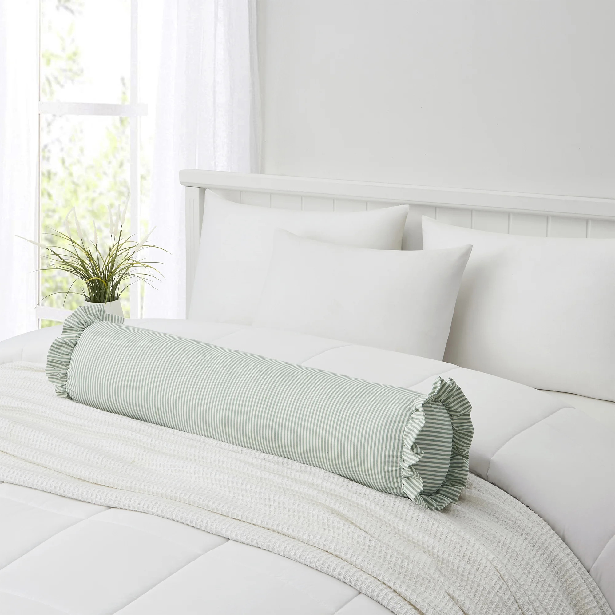 Home Decor Collection 8" x 20" Green Striped Ruffle Bolster Decorative Pillow | Walmart (US)