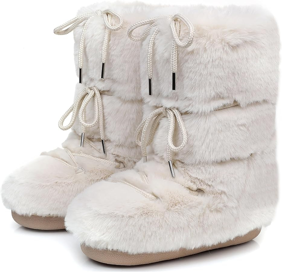 Black White Fur Boots, Furry Fuzzy Snow Boots for Women with Faux Fur Lined Non-Slip Lace-up Mid-... | Amazon (US)